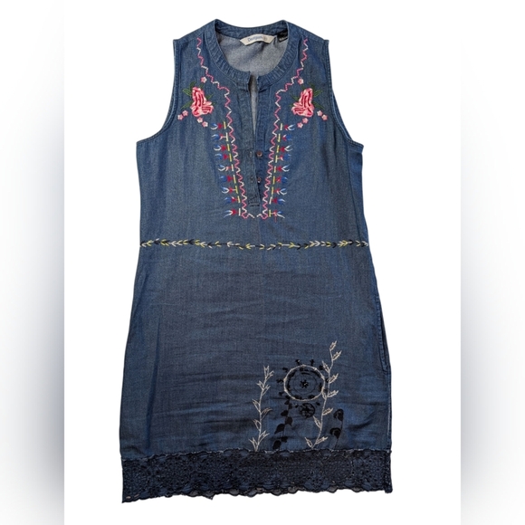 7.Desigual Denim Mini Dress with Pink and Black Embroidery - Picture 2 of 6